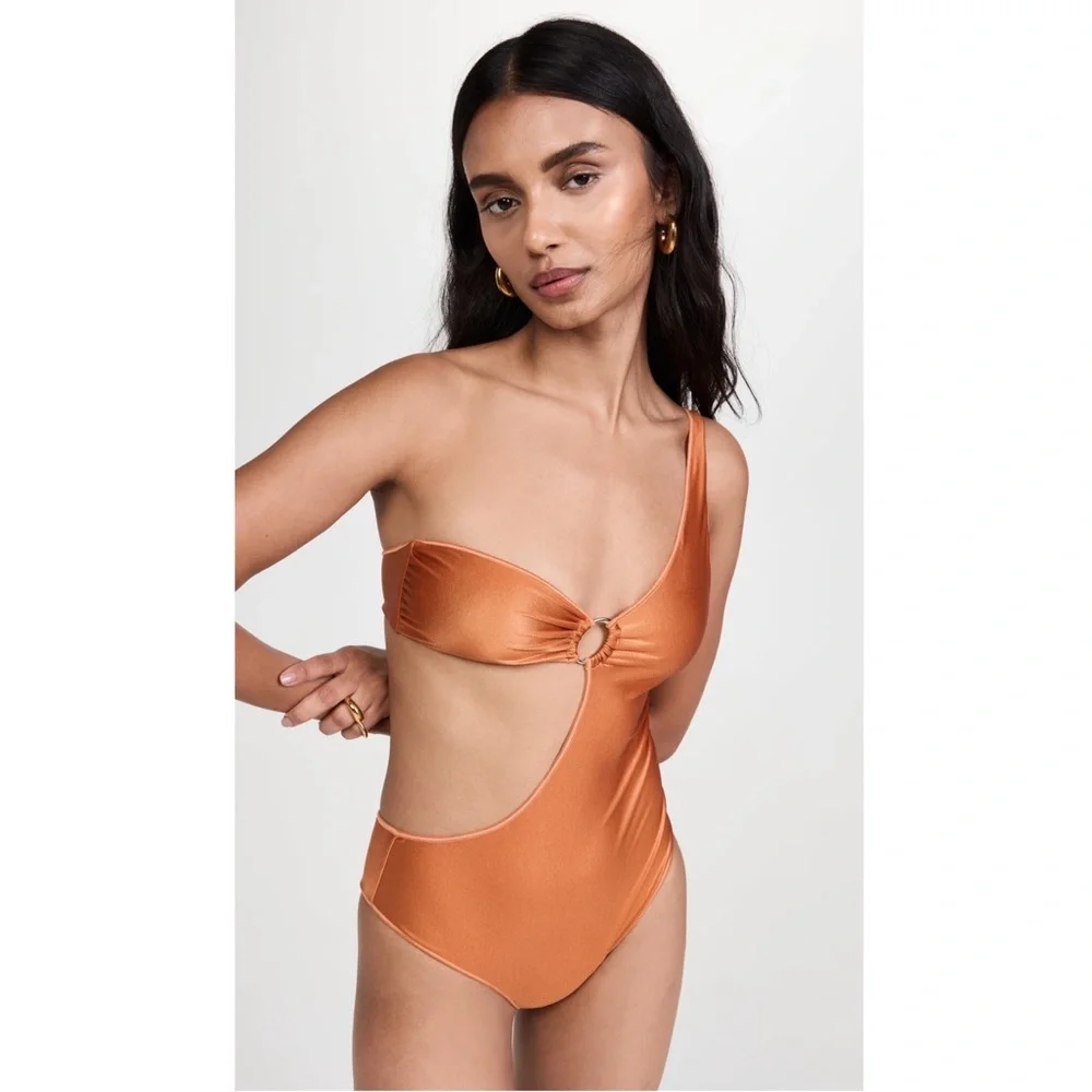 Oseree Glow Asymmetric Maillot One Piece Cutout O Ring Swimsuit NWT Bronze - Picture 2 of 15